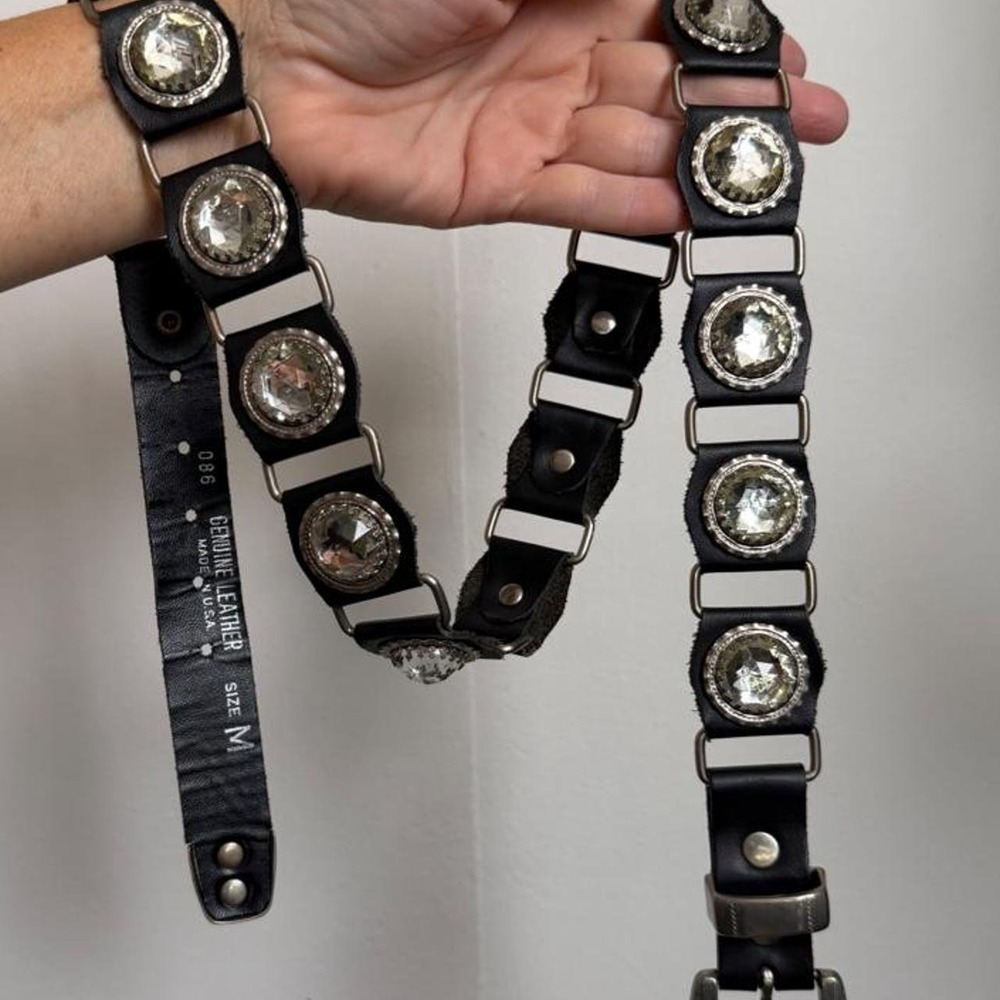Vintage 90s Genuine Black Leather Rhinestone Embellished Belt Silver Hardware M